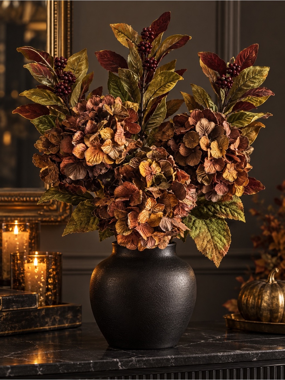 Set of 6 Fall Velvet Hydrangea & Berry Faux Floral Stems Halloween Decor